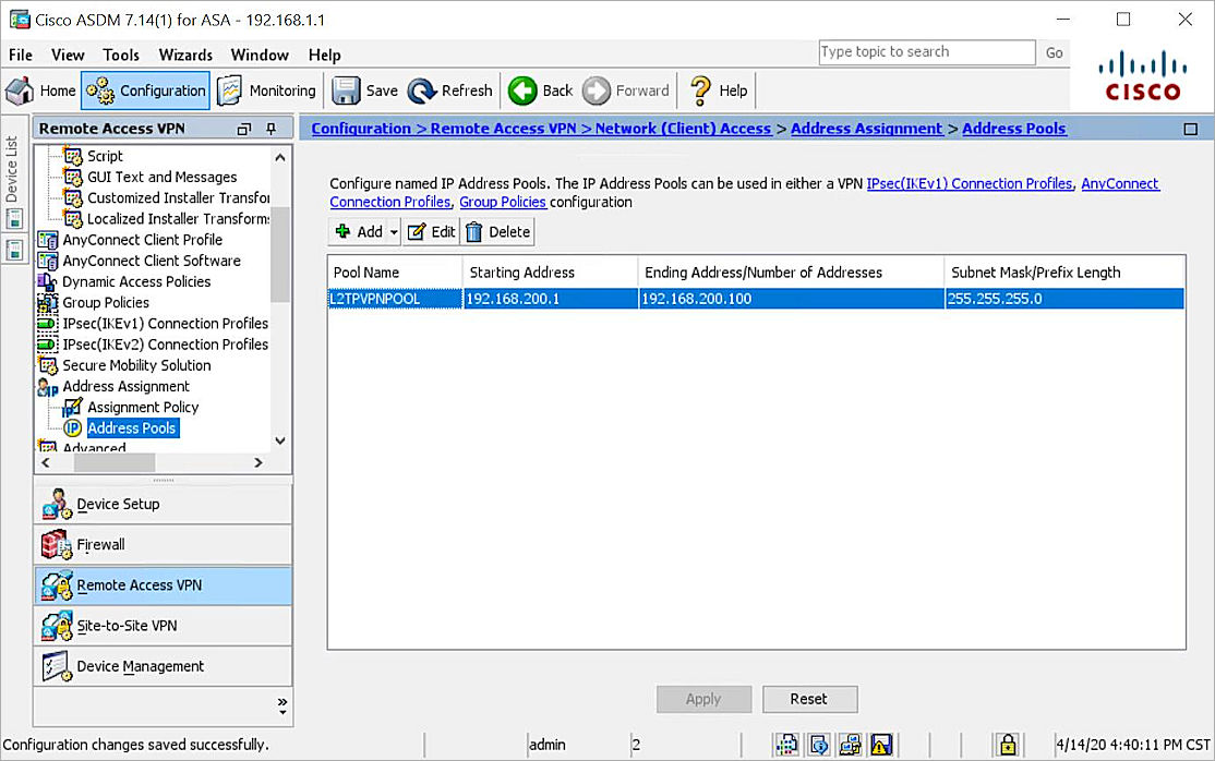 Screenshot of Add l2tp vpn pool